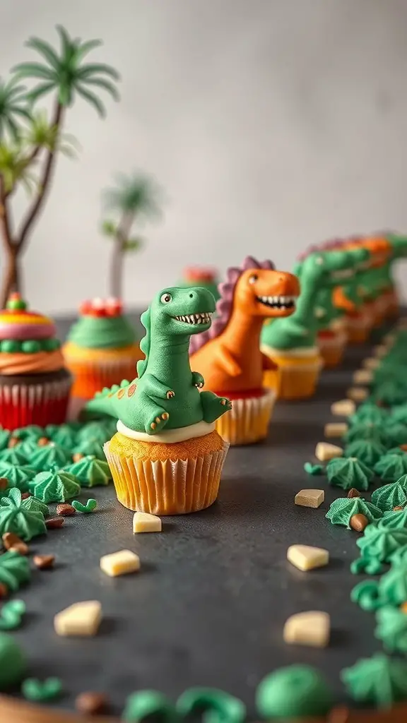 Colorful dinosaur-themed cupcakes with playful decorations