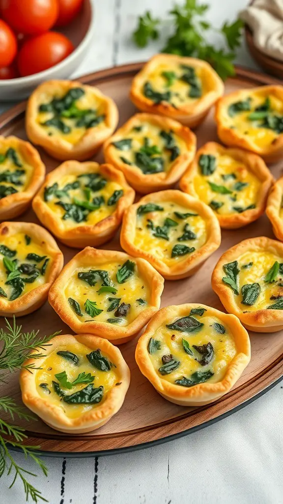 A platter of mini quiches filled with spinach and cheese, surrounded by fresh tomatoes and herbs.