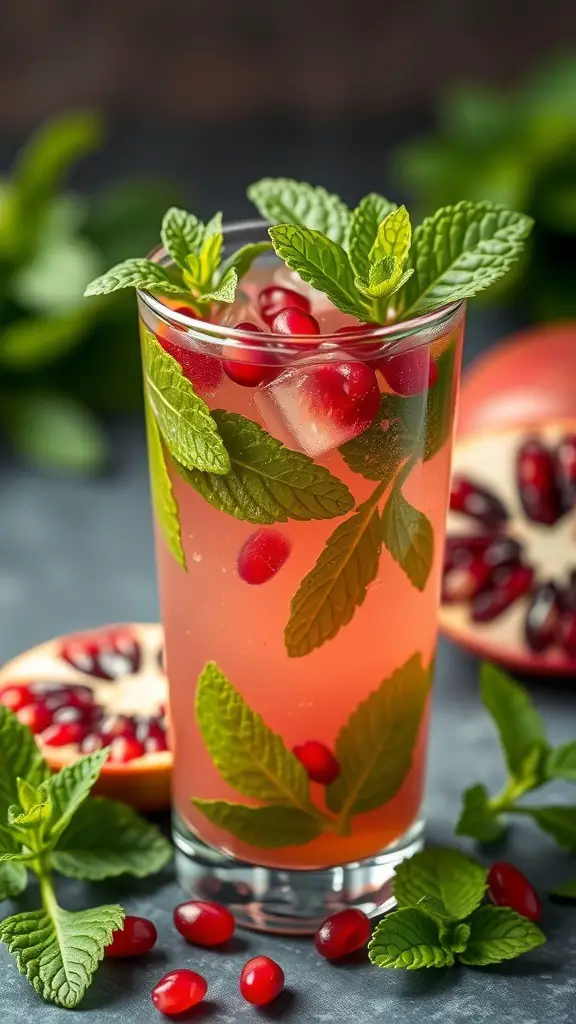 A refreshing Pomegranate Mint Cooler mocktail with mint leaves and pomegranate seeds.