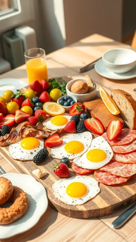 A beautifully arranged breakfast board featuring eggs, bacon, fruits, and bread.