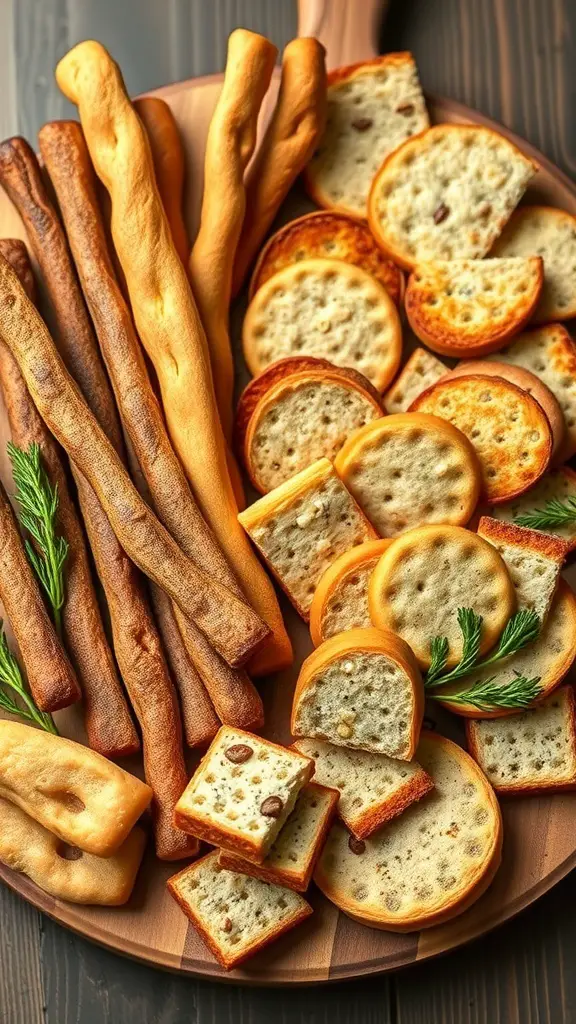 An assortment of flavored breadsticks and crackers on a wooden platter.