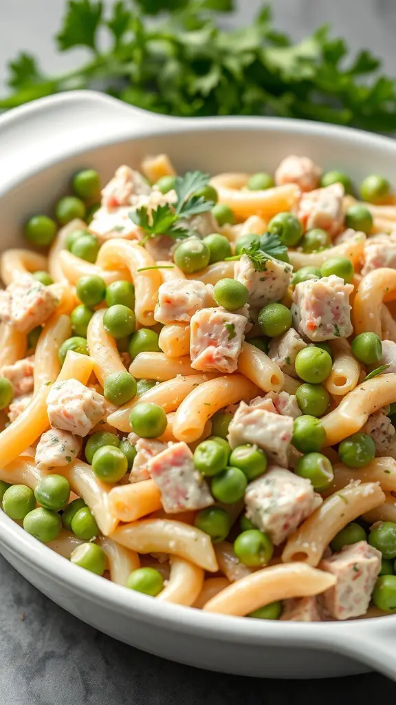 A bowl of Tuna Pasta Salad with Green Peas, featuring creamy pasta, green peas, and chunks of tuna, garnished with herbs.