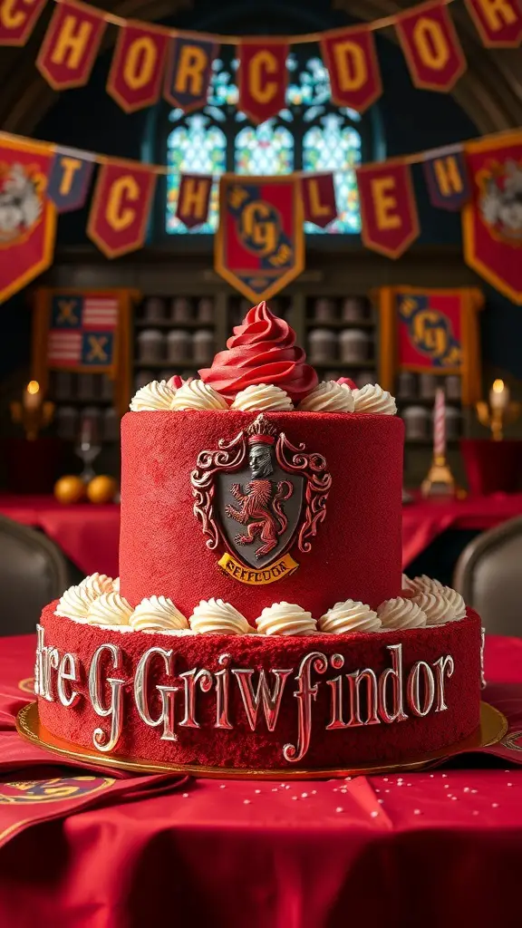 A red velvet cake decorated with Gryffindor crest and frosting, set against a backdrop of Gryffindor banners.