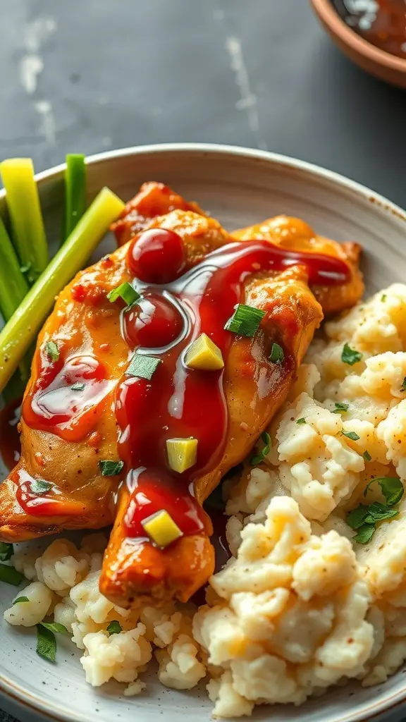 A plate of teriyaki chicken with wasabi mashed potatoes, garnished with green onions.