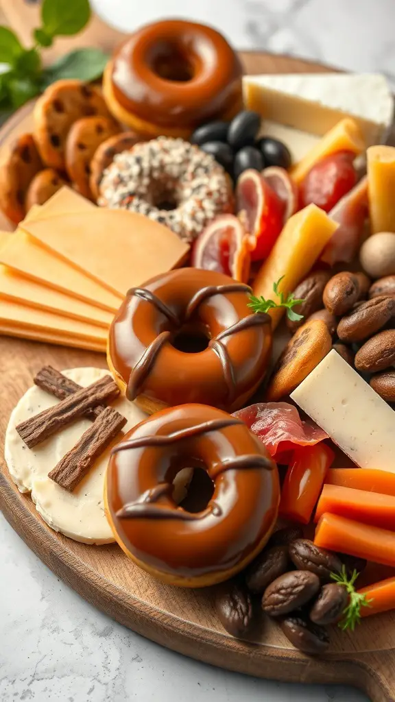 A charcuterie board featuring donuts, cheeses, meats, and snacks.