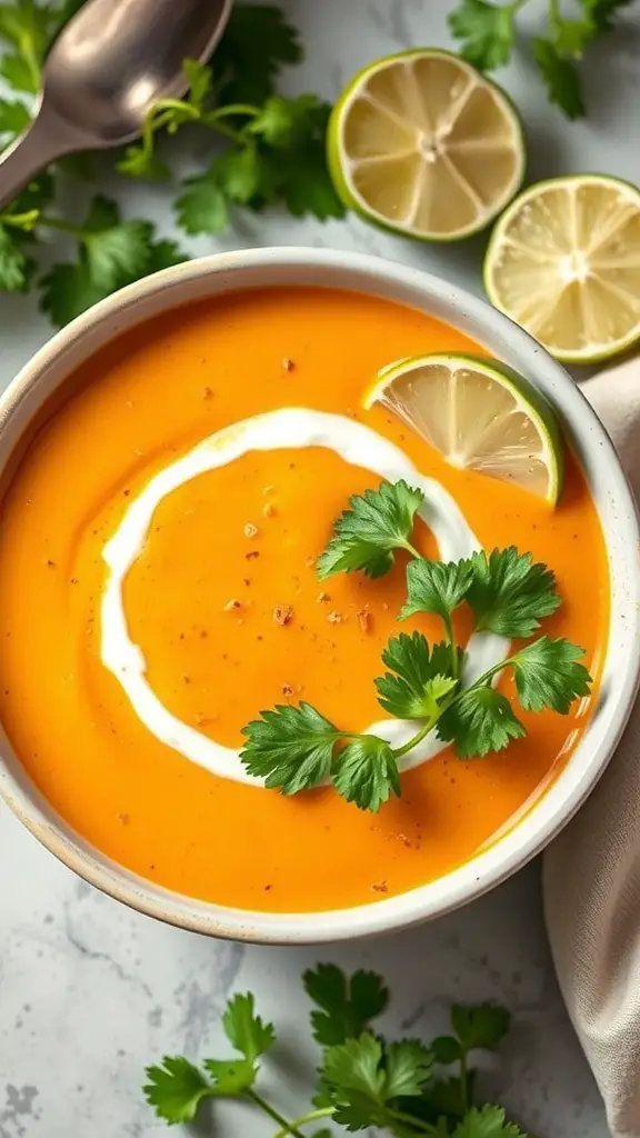 A bowl of creamy coconut sweet potato soup garnished with cilantro and lime slices.