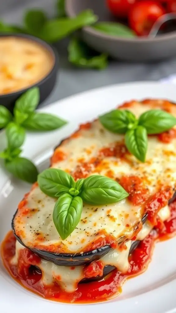 A delicious serving of Eggplant Parmesan topped with fresh basil, served on a white plate.
