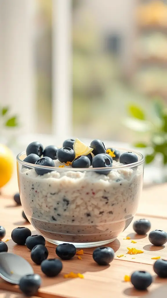 A bowl of lemon blueberry overnight oats topped with blueberries and lemon slices.