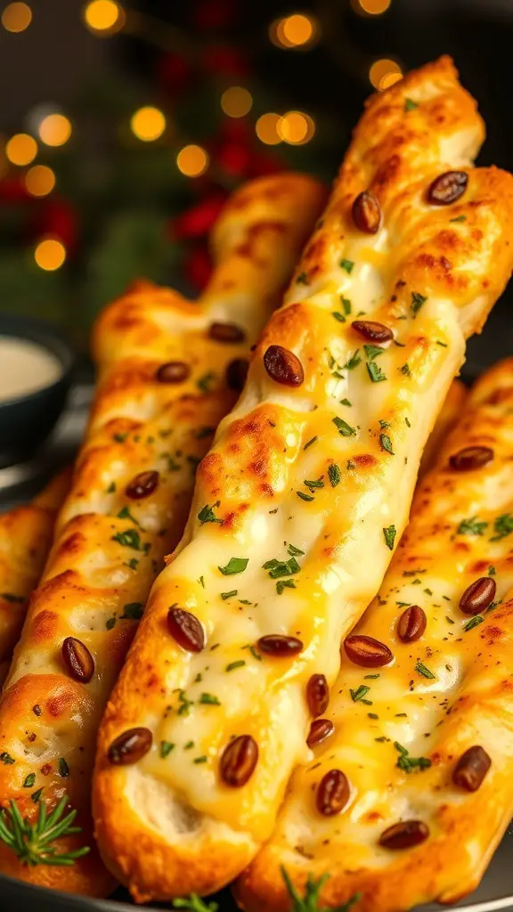 Delicious cheesy garlic breadsticks topped with herbs and served with a side of dipping sauce.