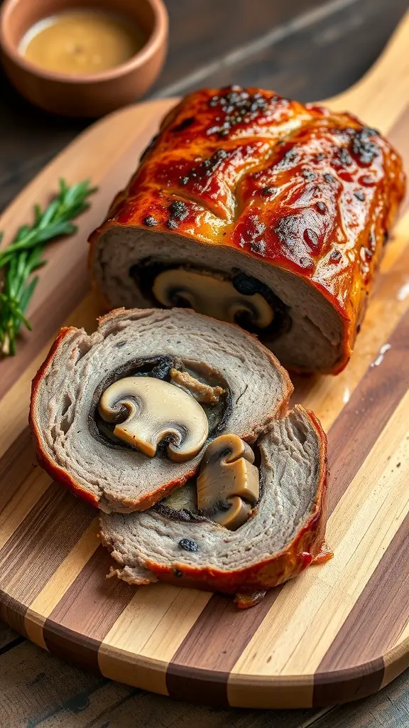 Sliced Beef Wellington on a wooden cutting board with a side of sauce.
