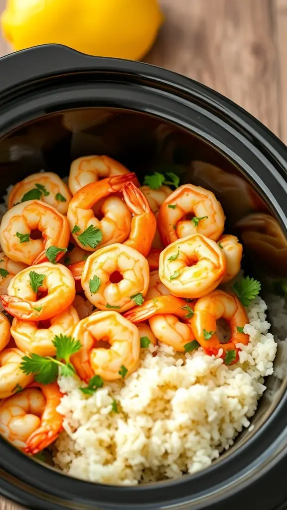 Crockpot with lemon garlic shrimp and rice