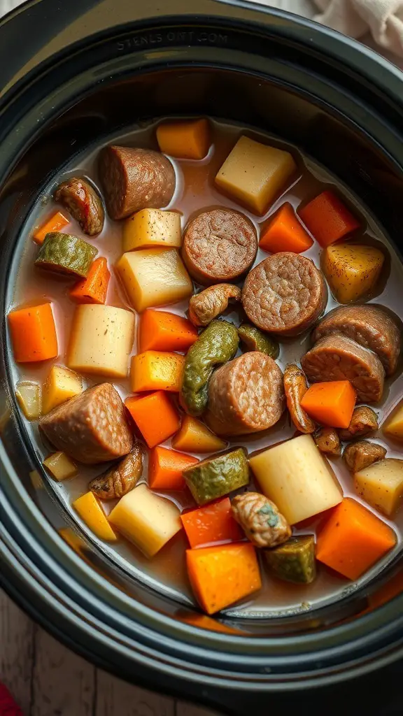 A close-up view of root vegetable and sausage stew in a crockpot, featuring colorful chunks of vegetables and sausage in a savory broth.