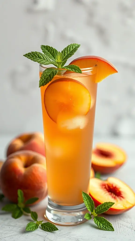 A refreshing Ginger Peach Fizz drink garnished with mint leaves and peach slices, with whole peaches in the background.