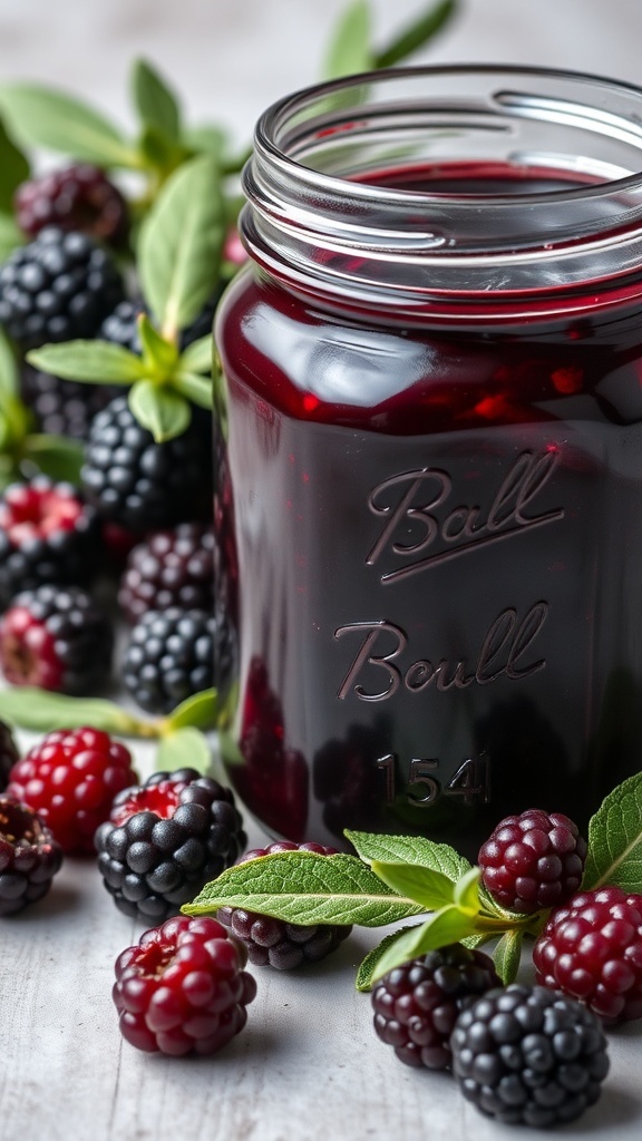 A jar of blackberry sage jam surrounded by fresh blackberries and sage leaves.