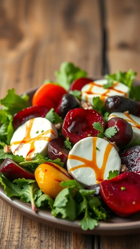 A colorful roasted beet and goat cheese salad with mixed greens and walnuts on a wooden table.