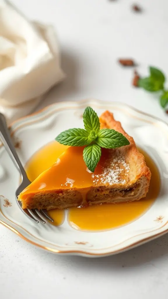 A slice of treacle tart on a decorative plate with a sprig of mint.