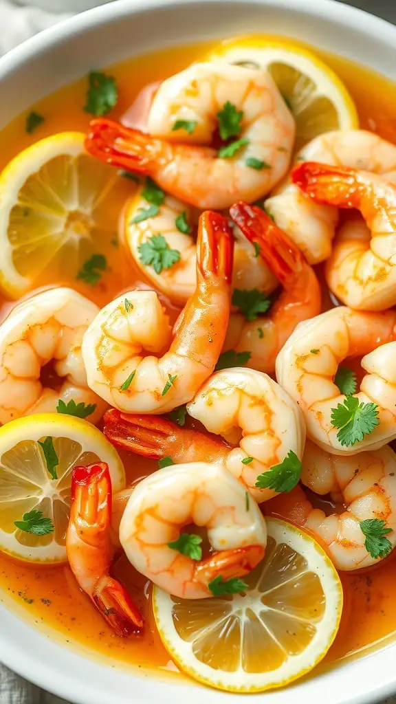 A bowl of zesty lemon garlic shrimp garnished with lemon slices and herbs.