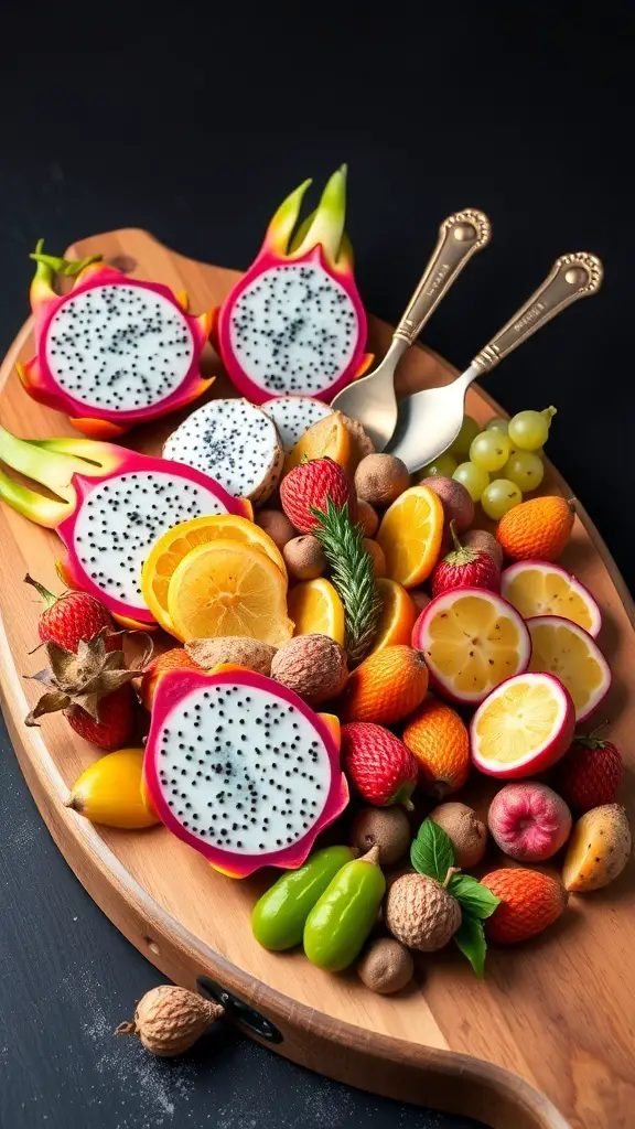 A vibrant fruit charcuterie board featuring dragon fruit, lychees, kumquats, starfruit, and citrus slices.