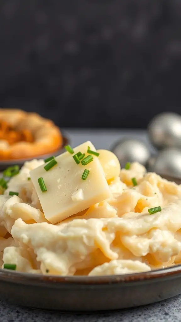 A bowl of creamy mashed potatoes topped with butter and chives.