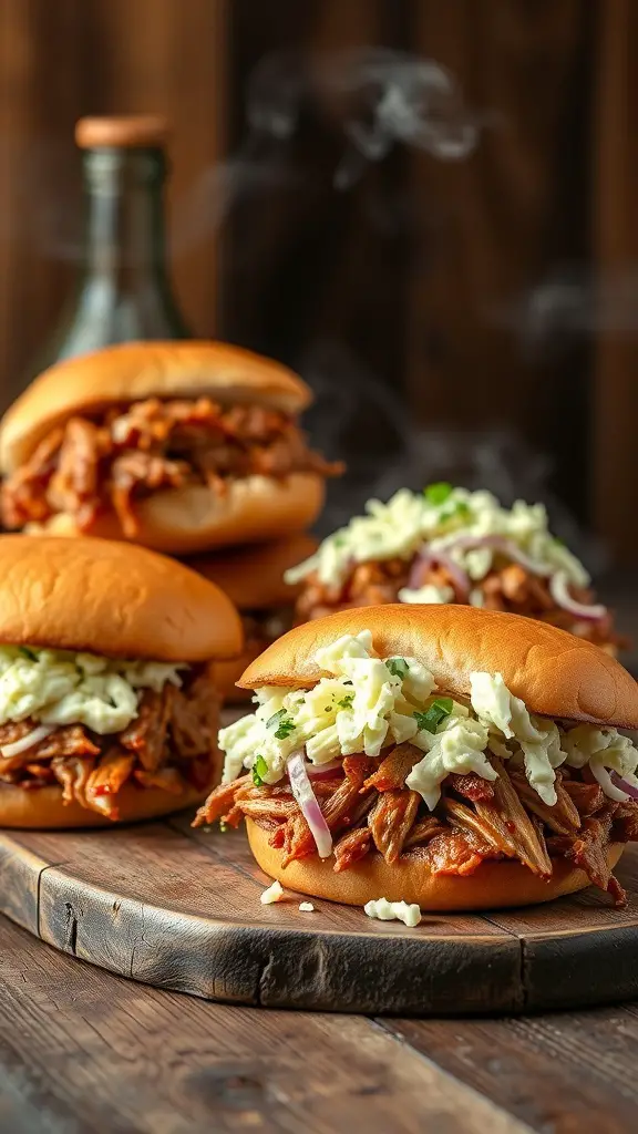 Delicious smoked pulled pork sandwiches with coleslaw on soft buns