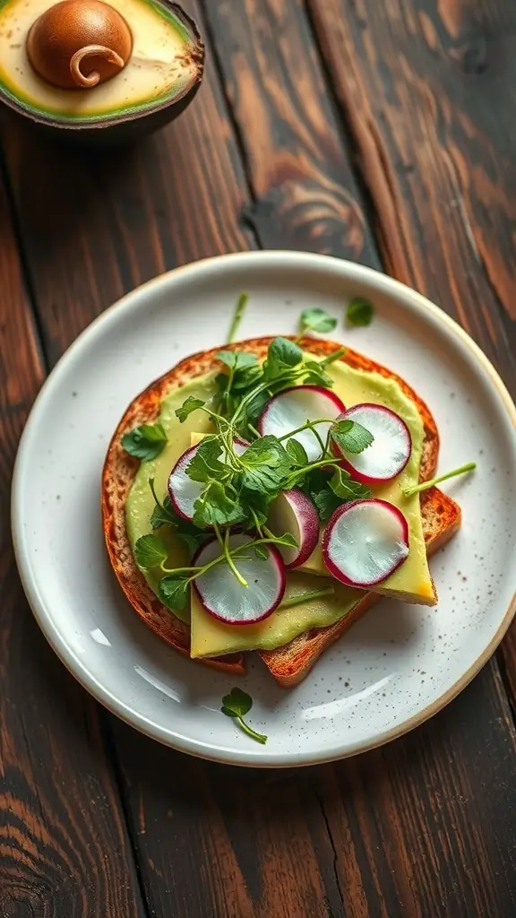 A plate of avocado toast topped with radishes and herbs on a wooden table.