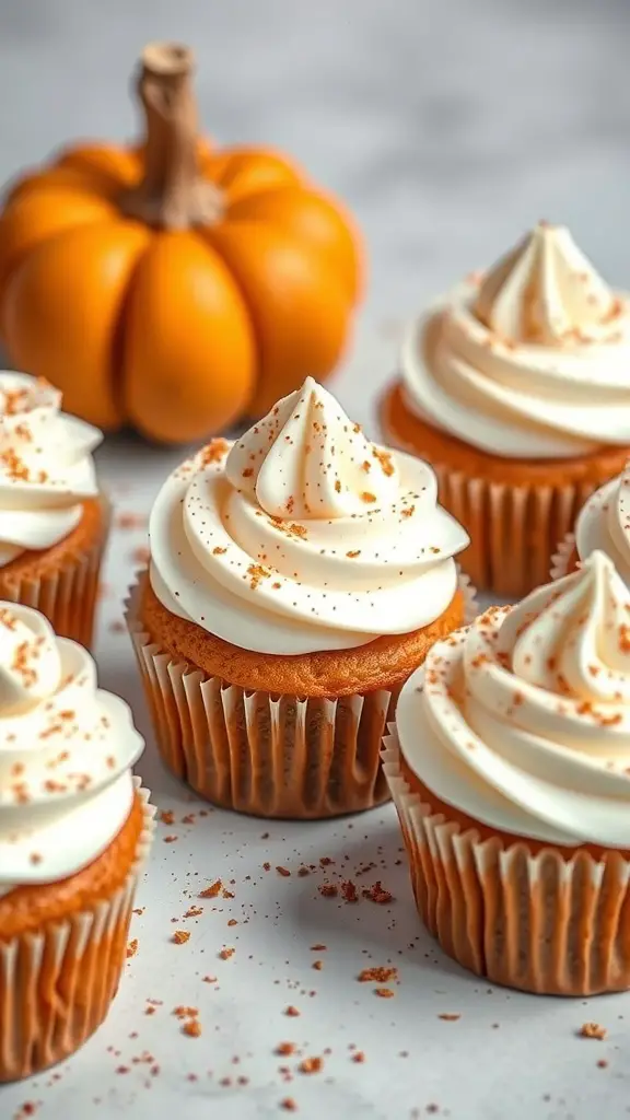 Pumpkin spice cupcakes with cream cheese frosting and a small pumpkin in the background