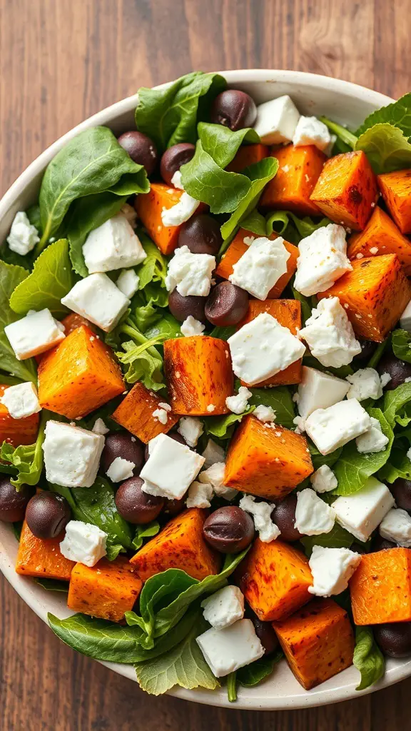 A colorful roasted sweet potato salad with feta cheese, olives, and mixed greens.