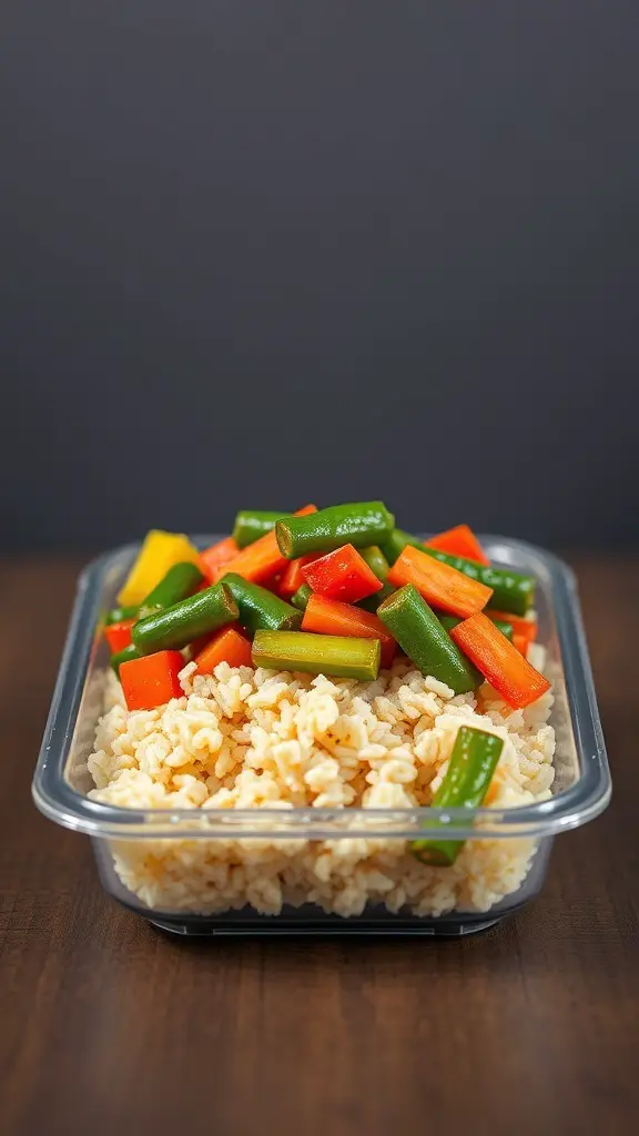 A container of vegetable stir-fry with brown rice, featuring green beans, bell peppers, and carrots.