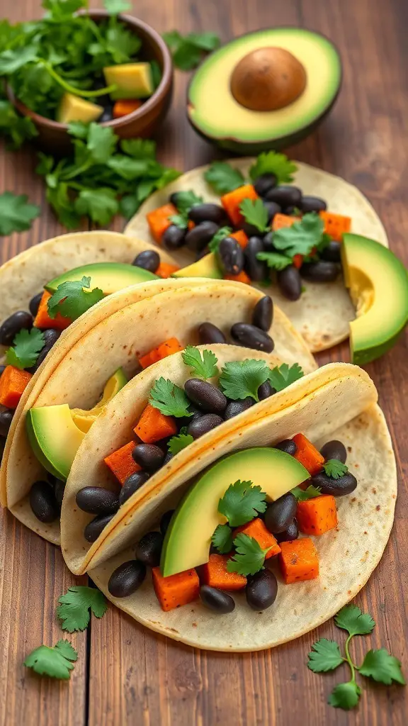 Black Bean and Sweet Potato Tacos with avocado and cilantro