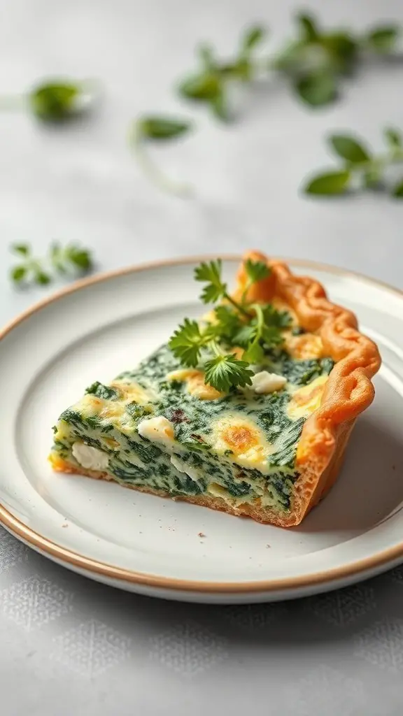 A slice of savory spinach and feta quiche garnished with fresh herbs on a plate.