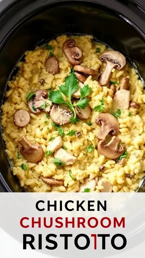 A bowl of creamy chicken and mushroom risotto with parsley garnish.