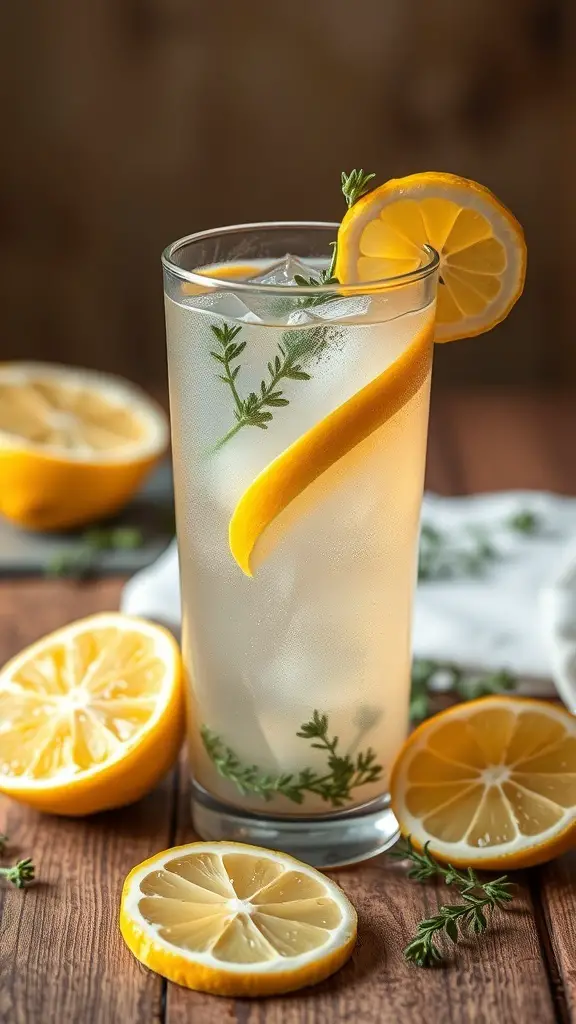 A refreshing glass of herbal lemonade with thyme, garnished with lemon slices and thyme sprigs.