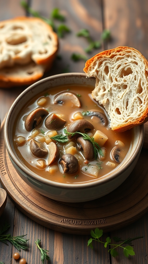 A warm bowl of mushroom and barley soup with a slice of crusty bread on the side.
