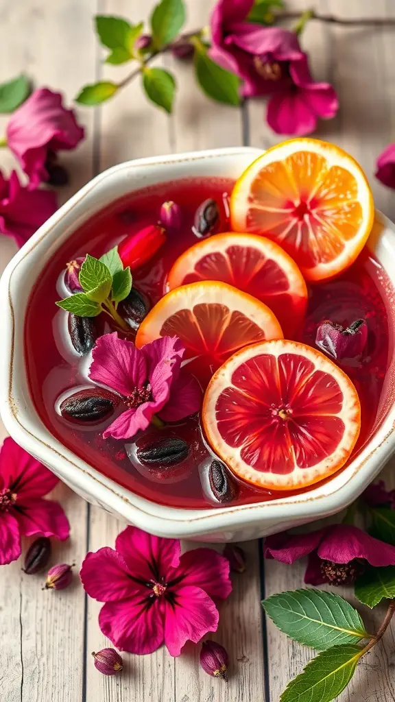 A vibrant bowl of chilled hibiscus tea punch with lemon slices and flowers