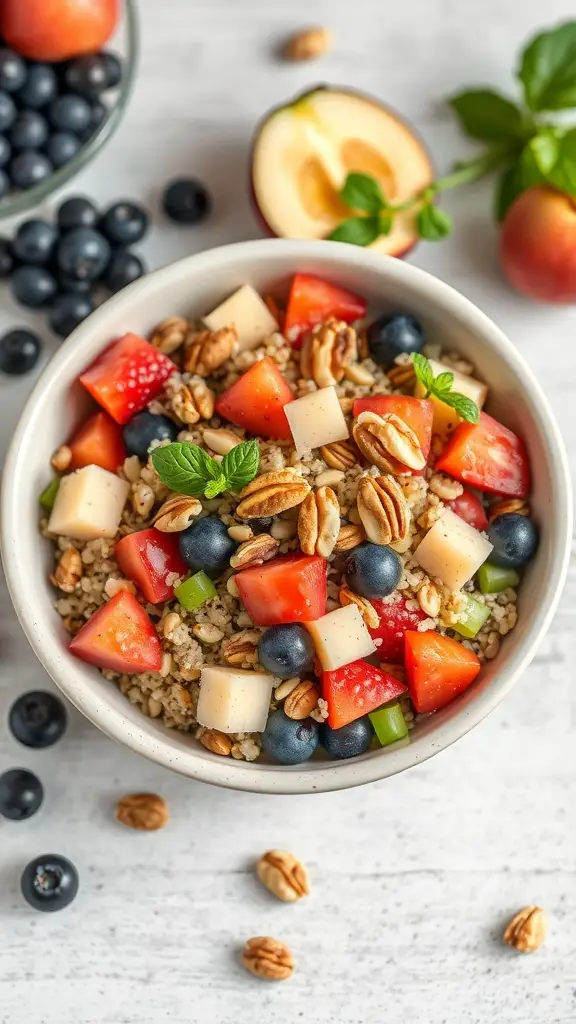 A bowl of Nutty Quinoa and Fruit Salad with strawberries, blueberries, green apples, and pecans.