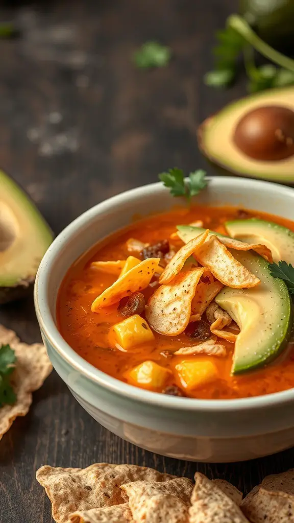 A bowl of Chicken Tortilla Soup with tortilla strips and avocado slices