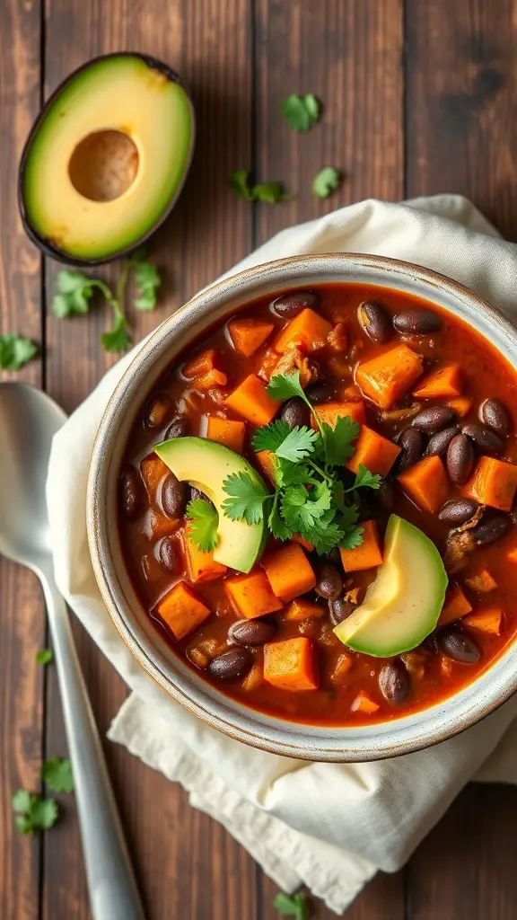 A bowl of Sweet Potato and Black Bean Chili topped with avocado and cilantro, served on a wooden table.