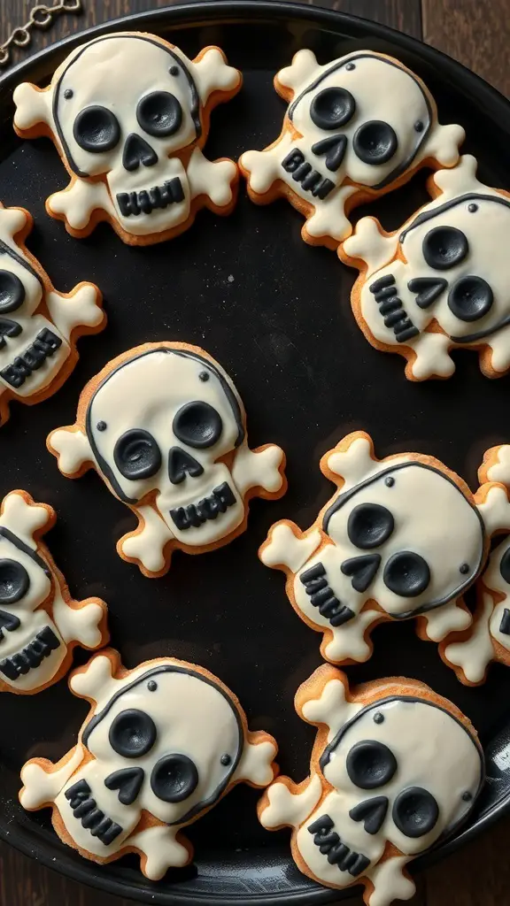 A plate of skull and crossbones cookies decorated with white and black icing.