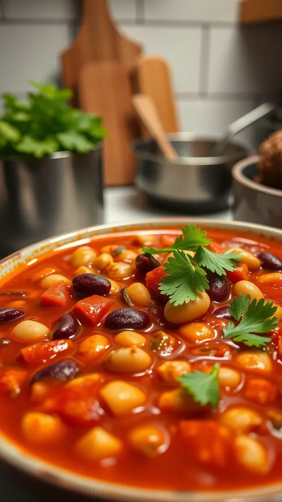 A bowl of spicy vegetarian chili topped with cilantro, showcasing beans and vegetables.