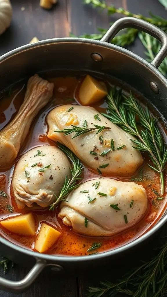 A pot of garlic and rosemary chicken stew with chicken pieces, potatoes, and fresh herbs.