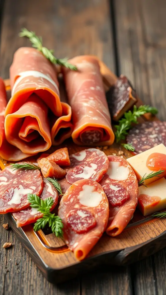 A wooden platter filled with various artisan cured meats, including rolled prosciutto, slices of salami, and garnished with herbs.