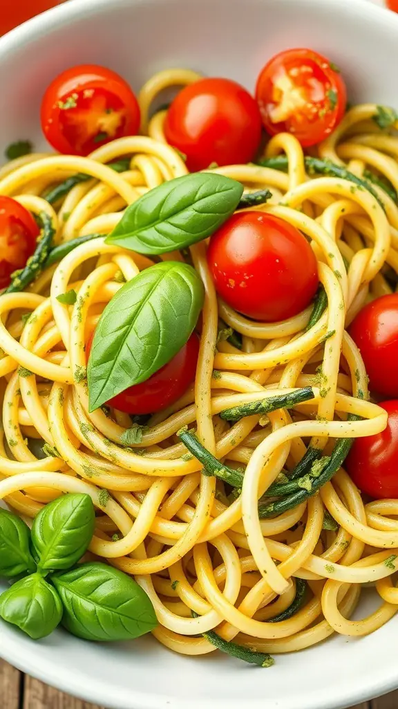 A bowl of zucchini noodles with pesto, cherry tomatoes, and fresh basil.