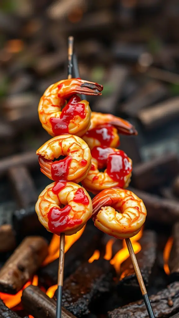 Smoked shrimp skewers with sweet and spicy sauce on a grill