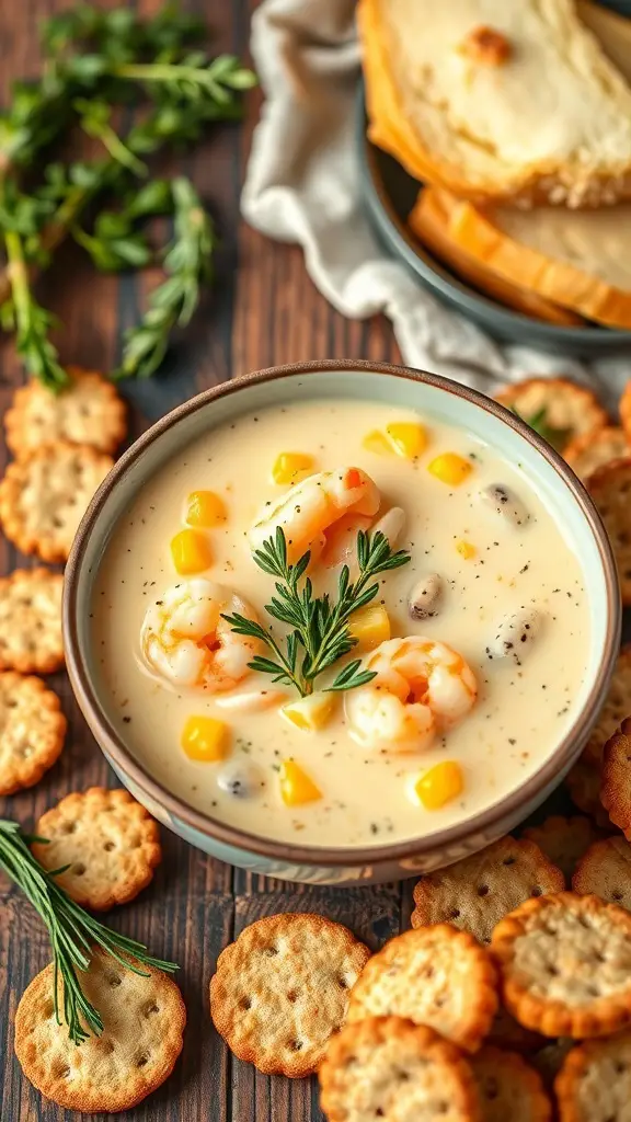 A bowl of shrimp and corn chowder garnished with herbs, surrounded by crackers and bread.