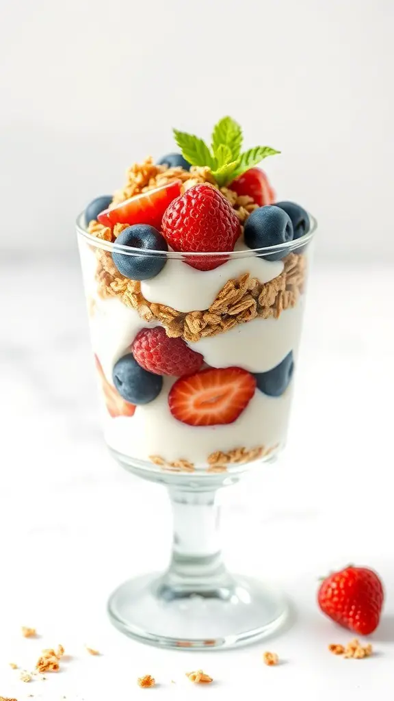 A Greek yogurt parfait with layers of yogurt, granola, and fresh berries