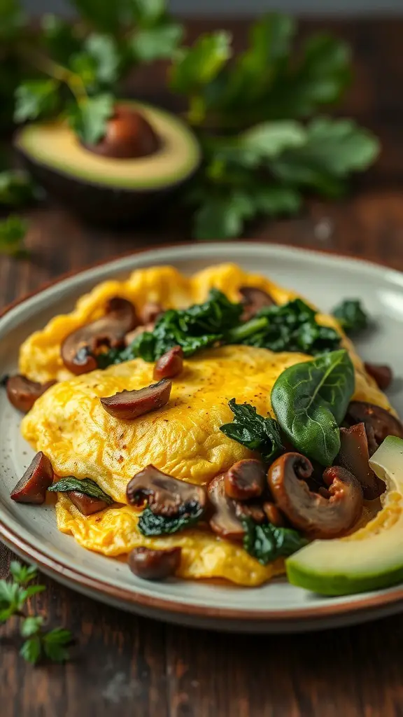 A delicious mushroom and spinach omelette served on a plate with avocado slices.