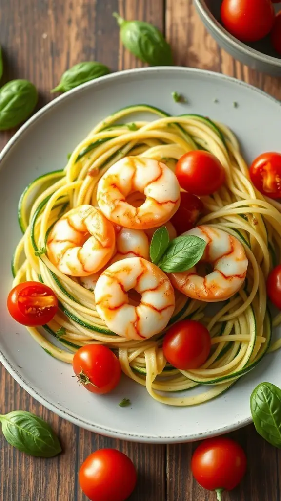 A plate of shrimp and zucchini noodles topped with cherry tomatoes and basil.