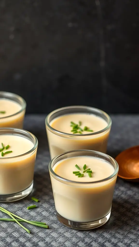 Creamy potato and leek soup shots in small glasses garnished with chives