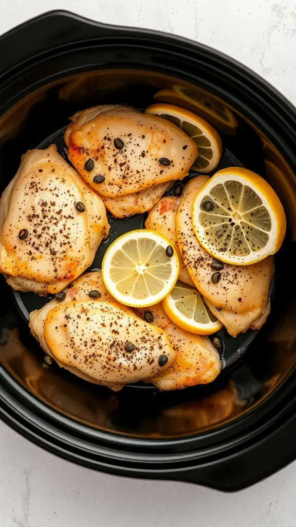 Crockpot with lemon pepper chicken thighs and lemon slices