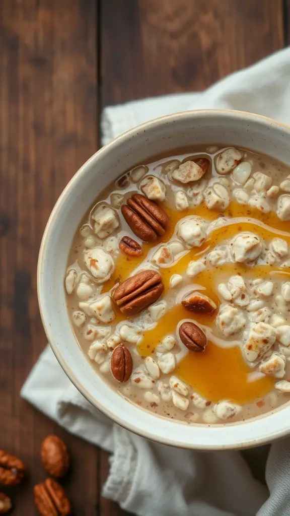 A bowl of oatmeal topped with pecans and honey on a wooden table.